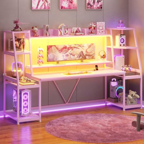 SEDETA 79'' Gaming Desk with LED Lights, Hutch and Storage Shelves, Pink by SEDETA