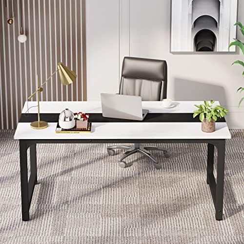 LITTLE TREE 70.8 Inch X-Large Executive Computer Office Desk, White+Black - Image 4