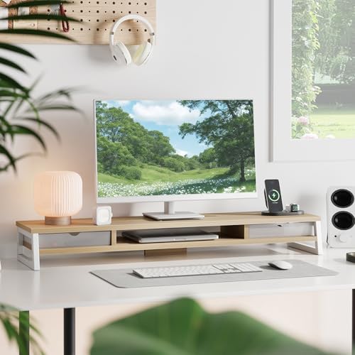 Fenge Dual Monitor Stand Riser, 42.5in Desk Shelf with 2 Drawers, Oak - Image 2