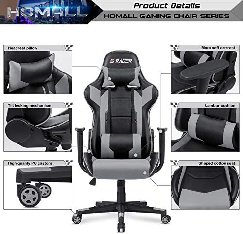 Homall Gaming Chair, Office Chair High Back Computer Chair Leather Desk Chair Racing Executive Ergonomic Adjustable Swivel Task Chair with Headrest and Lumbar Support (Grey) - Image 4