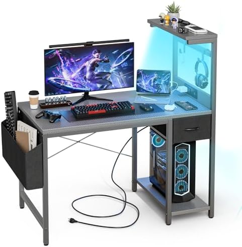 Grandder Gaming Desk 55 Inch with Power Outlet and LED Light, Computer Desk with Reversible Shelves and Storage Drawer, Pc Small Desk for Home Office Table with Bag, Carbon Fiber Grey by Grandder