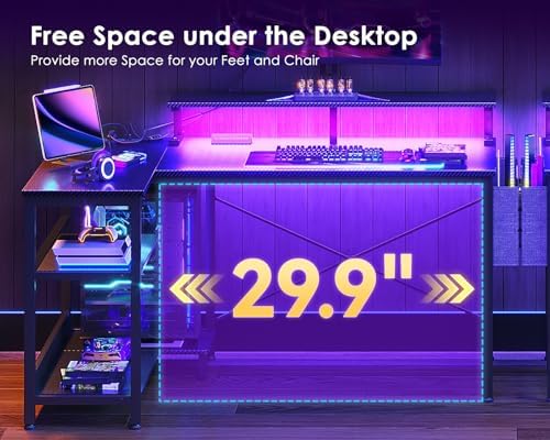 ODK 40 Inch L Shaped Gaming Desk with LED Lights, Power Outlets, Black - Image 4
