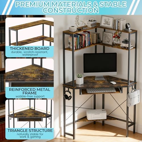 Corner Desk with Hutch and LED Light, Keyboard Tray, Rustic Brown - Image 3