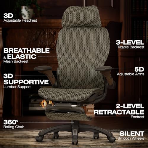 ELABEST X100 Ergonomic Mesh Office Chair with Footrest, Big and Tall Home Desk Chair with 5D Flip-Up Arms, Adjustable 3D Lumbar Support, Gaming & Executive Computer Chair (Coffee Break) - Image 3