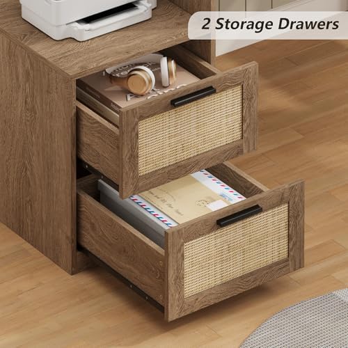 63" Rattan L Shaped Desk with Drawers & Printer Shelf for Home Office - Image 5