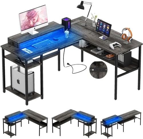 Unikito Reversible L Shaped Desk with Power Outlets and RGB LED Light, Sturdy Computer Desk with Ergonomic Monitor Stand and Storage Shelves, Corner Desk for Home Office, Easy Assembly, Black Oak by Unikito