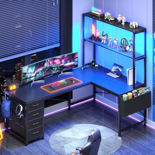 SEDETA L Shaped Gaming Desk, 51.2" Reversible Small Corner Desk with 4 Drawer, Power Outlet & LED Lights, Home Office Desk with Storage Shelves for Small Space, Black by SEDETA
