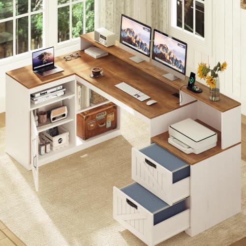 63" Farmhouse L Shaped Desk with Drawers and Printer Stand for Home Office - Image 7