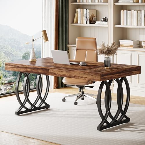Tribesigns 63-Inch Executive Desk, Modern Office Computer Desk with Stylish Gold Legs, Rectangular Workstation for Home Office, Small Conference Table for Meeting Room (Brown & Black) by Tribesigns