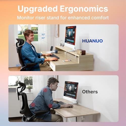 HUANUO 63″ x 26″ Electric Standing Desk with 2 Drawers &24.4″ Large Keyboard Tray, C-Clamp Mount Compatible, Adjustable Computer Desk for Office, Sit Stand Up Desk with 4 Height Presets, Light Walnut - Image 5