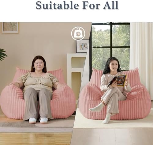 Giant Plush Bean Bag Chair for Adults with Armrests - Oversized Comfy Pink Beanbag Lounge Lazy Floor Sofa Accent Chair for Living Room, Bedroom & Dorm, Cozy Fluffy Single Cloud Mini Couch - Image 6