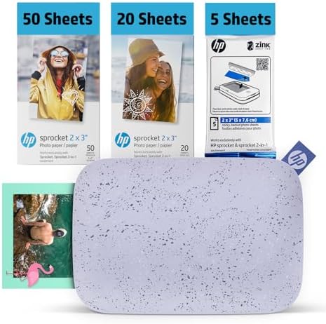 HP Sprocket 2x3 Instant Smartphone Photo Printer 75 Sheets Bundle - Bluetooth Portable Color Wireless Mobile Printer (Purple) Zink Sticky-Back Photos by HP