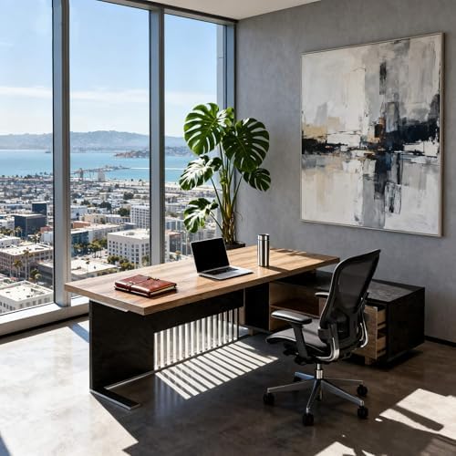Executive Desk with Privacy Panel, Large Office Desk for Small Business, Computer Desk with Drawers & Storage Cabinets, Thick One-Piece Tabletop (Right Return, 78.7") by ONNAHOMEStlyle