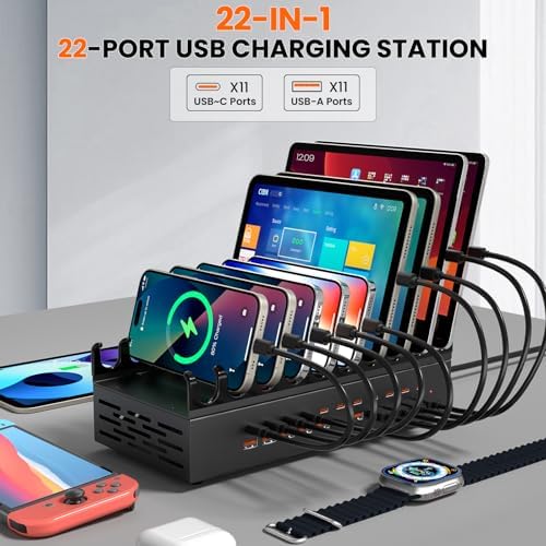 300W USB Charging Station for Multiple Devices - 22 Ports Desktop Multi Fast Charger Station with Device Organizer Stand & Multi Protection, USΒ Power Strip Suitable for Home Office School Studio - Image 2