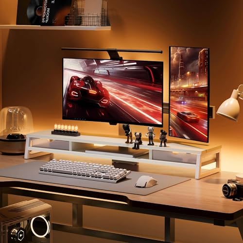 Fenge Dual Monitor Stand Riser, 42.5in Desk Shelf with 2 Drawers, White - Image 6