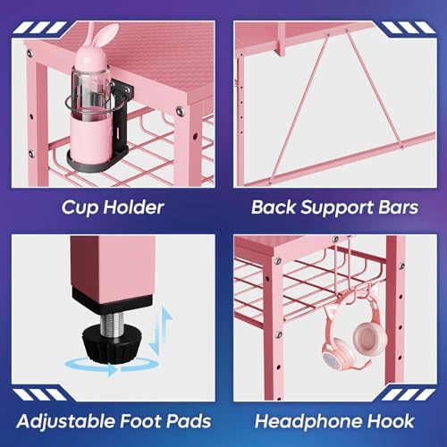 Bestier Pink Gaming Desk, 63 inch U Shaped, Pink 3D Carbon Fiber - Image 5