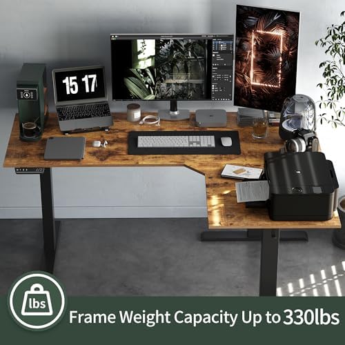 FEZIBO Triple Motor 63" L Shaped Standing Desk, Electric Standing Gaming Desk Adjustable Height, Corner Stand up Desk with Splice Board, Black Frame/Rustic Brown Top - Image 3