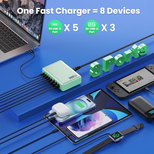 USB C Charger 300W USB C Charger Block, 8-Ports GaN IV Fast Charging Station Hub,PD 100W Laptop Charger Adapter,for MacBook Pro/Air/iPad/iPhone16/15/14/Apple Watch/DELL/Samsung for Home Office - Image 3