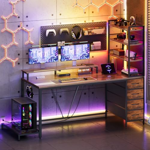 RALGEND Gaming Desk with Shelves and Storage, Computer Desk, Rustic Brown - Image 2