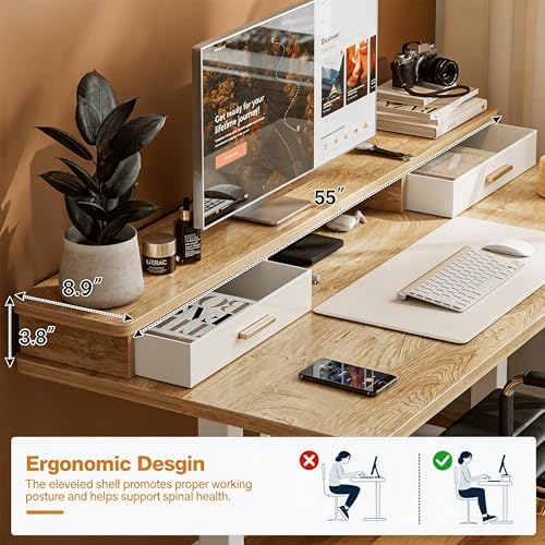 Grandder Electric Standing Desk with Two Drawers, Sit to Stand Up Height Adjustable Desk with Storage Shelf for Home Office, 55 * 24 Inch, Study, Ergonomic Adjustable Computer Desk, Oak - Image 4