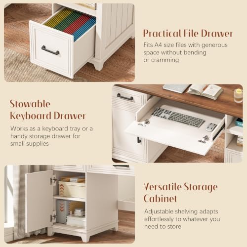 Vabches 55" Farmhouse Executive Desk with Charging Station, Rustic White - Image 6
