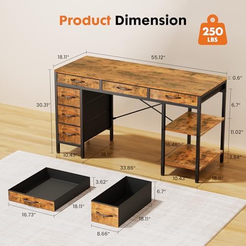 Sweetcrispy 55" Computer Desk with 6 Fabric Drawers & Storage Shelves - Image 3