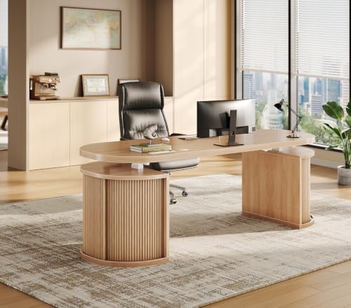 SEDETA 57" Standing Desk with Storage, Electric Height Adjustable Executive Fluted Desk with Curved Cabinets, Computer Desk with Power Strip for Home Office, Light Oak - Image 3