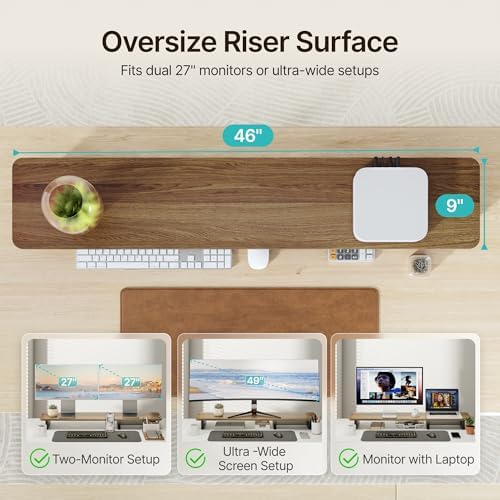 PEGZONE 46" Dual Monitor Riser, Metal Shelf Wooden Desk Organizer - Image 5