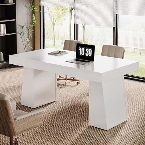 Tribesigns 55 Inches Executive Desk, Mid-Century Modern Home Office Desk, Wood Computer Table Business Workstation Small Conference Table, White by Tribesigns