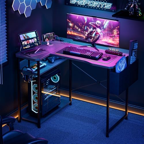 Acrolix L Shaped Gaming Desk 40 Inch - Computer Corner Desk with Power Outlets, Reversible Shelves & Storage Bag for Home Office, PC Gaming Table, Black Carbon - Image 2