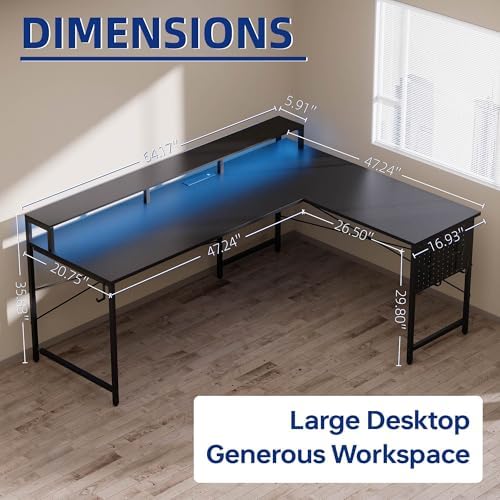 Pamray 64 Inch L Shaped Gaming Desk with Monitor Stand and Power Outlets - Image 5