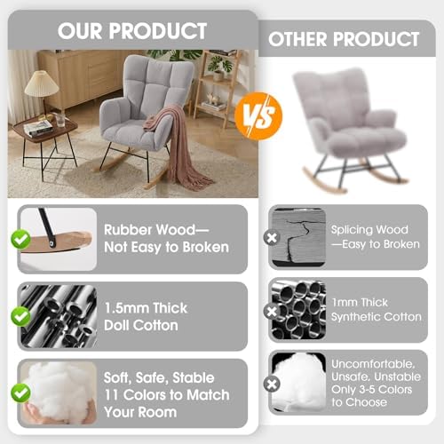 Nursery Rocking Chair, Teddy Upholstered Glider Chair with Thick Cushion, Tufted Gliding Rocker Chair with Wood Leg, Cozy Rocking Armchair, Accent Rocking Chair for Living Room (Light Gray) - Image 6