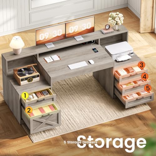 SEDETA 63" Executive Office Desk with 5 Drawers, Grey - Image 3