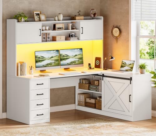 SEDETA Farmhouse 55” L Shaped Office Desk with Hutch, Drawers, Barn Door by SEDETA