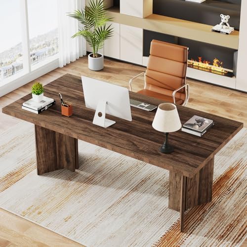 Tribesigns 63-inch Executive Desk, Vintage Office Computer Desk with Large Tabletop, Farmhouse Wood Writing Conference Table Workstation for Home Office, Study, Dark Brown - Image 3