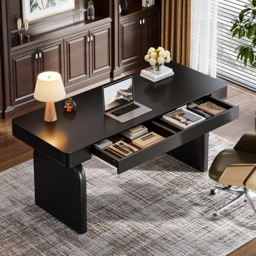 Tribesigns Black Desk with Drawers, 63-Inch Modern Elegant Glossy Executive Office Desk, Simple Work Study Writing Table for Home Office, Black - Image 4