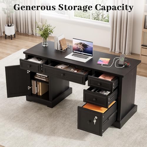 Vipbear 59" Farmhouse Executive Desk with Drawers, Wood Home Office Computer Desk, Featuring Lockable File Drawer, Storage Cabinet & Power Outlet Storage Cabinet for Work Study Writing (Black) - Image 5