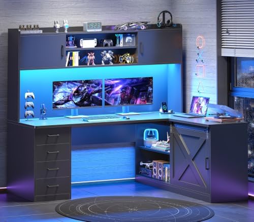 SEDETA Farmhouse L Shaped Gaming Desk, 55” Corner Computer Desk with Storage Drawers and Hutch, Corner Gaming Desk with LED Light and Power Outlet for Home Office, Black by SEDETA