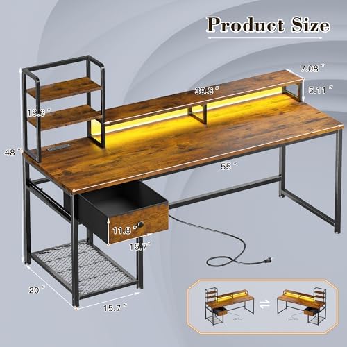 EnHomee 55" Reversible Computer Desk, Hutch, USB & LED, Rustic Brown - Image 3