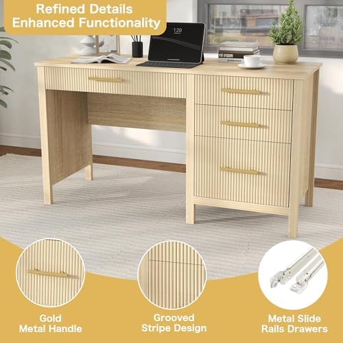 Executive Desk with Drawers: 54" Oak Home Office Desks with File Drawer - Image 4