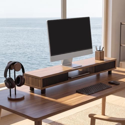 Fenge Dual Monitor Stand with Storage, Desk Shelf with Glass Sliding Door - Image 2