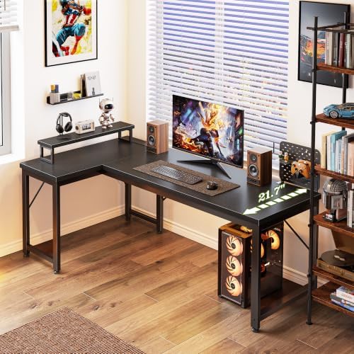 PRAISUN 53" L Shaped Computer Desk, Power Outlets, Monitor Stand, Black - Image 7