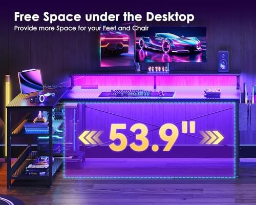 ODK 66 Inch L Shaped Gaming Desk with LED Lights, Power Outlets, Black - Image 4