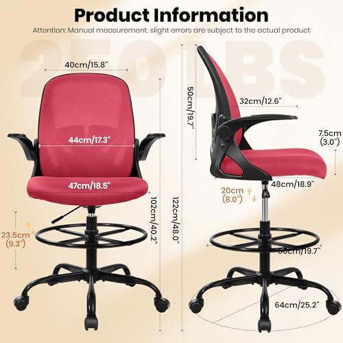 Primy Drafting Chair Tall Office Chair with Flip-up Armrests Executive Ergonomic Computer Standing Desk Chair with Lumbar Support and Adjustable Footrest Ring (Fire Brick) - Image 3