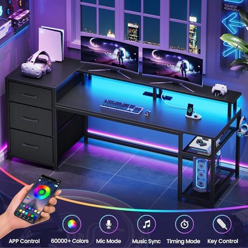 SEDETA 59" Office Desk with Drawers, Reversible Computer Desk with File Drawers & Storage, Gaming Desk with LED Lights & Power Outlet, Home Office Desks for Printer, Black - Image 6