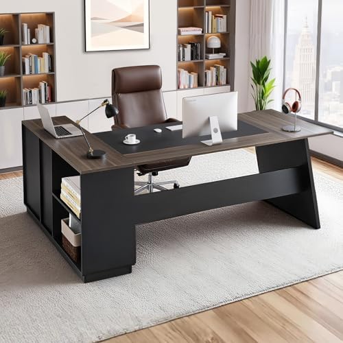 VEVOR L-Shaped Executive Desk, Large Modern Office Table with Drawers and Storage Cabinet, Heavy Duty Wooden Executive Table, 350 LBS Load Capacity, Easy Assembly, for Work Study Writing, Brown+Black by VEVOR