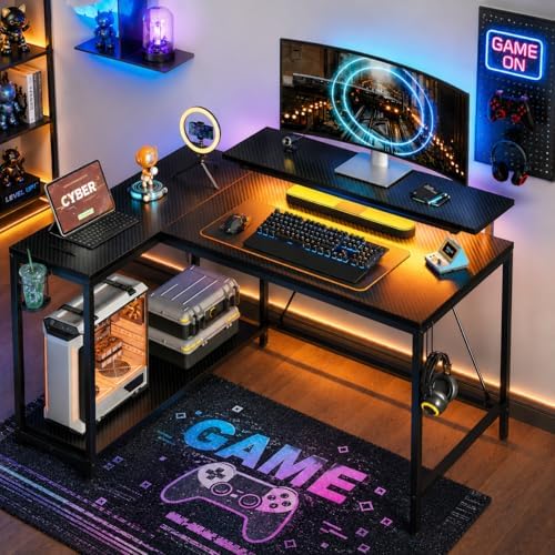 Pinmoco 42" Reversible L-Shaped Desk, Gaming Desk with LED Lights, Monitor Stand, Cup Holder and Headset Hook, Corner Work Station for Home Office, Study and Small Spaces, Carbon Fiber Black by PinmocoDirect