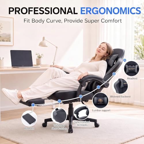 Desk Computer Gaming Chair - High Back Ergonomic Office Chair with Footrest and Lumbar Support, Swivel Comfy Home Gamer Video Game Chairs with Pocket Spring Cushion for Adults (Grey Leather) - Image 4