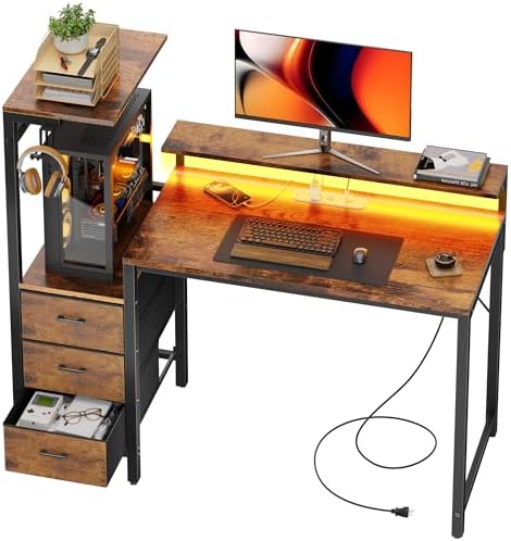 HLDIRECT 44 Inch Gaming Desk with Power Outlets & LED Lights, Rustic Brown by HLDIRECT