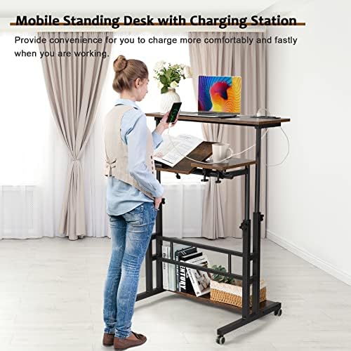 Hadulcet Mobile Standing Desk Adjustable Height, Rolling Desk Stand Up Desk, Mobile Laptop Desk, Rolling Computer Desk with Charging Station, Portable Desk with Wheels, Rustic Brown - Image 4
